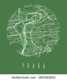 Afiche del mapa de Praga. Mapa de calles de diseño decorativo de la ciudad de Praga. Vista aérea de silueta panorámica de Cityscape, estilo tipográfico. Tierra, río, autopistas, avenida. Ilustración circular circular circular de vector.