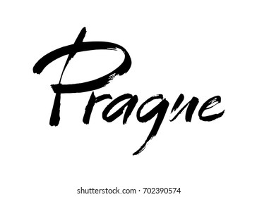 Prague. Modern brush calligraphic style. Vector calligraphy. Typography poster. Usable as background. Handwritten modern calligraphy. Brush lettering.