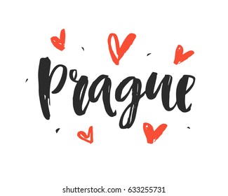 Prague modern hand written brush lettering, isolated on white background. Ink calligraphy. Capital of Czech Republic. Tee shirt print, typography card, poster design. Vector illustration.