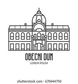 Prague Municipal house logo or label template in line art design. City hall Obecni Dum logotype in linear style.