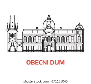 Prague Municipal house vector illustration in line art design. City hall Obecni Dum landmark emlem in linear style.