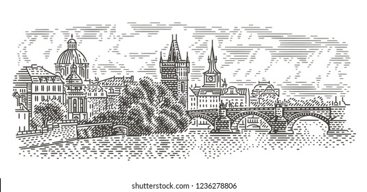 Prague panorama engraving style illustration. View of Charles Bridge. Vector, isolated (sky in separate layer).