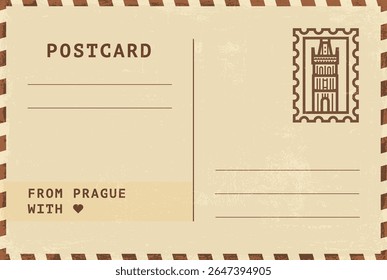 From Prague postal card template. Vector grungy vintage style postcard illustration with stamp, tower, landmark, message. Simple flat greetings image layout