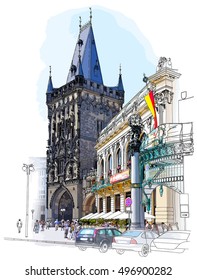 Prague - Powder Tower & Municipal House. Vector architectural color illustration