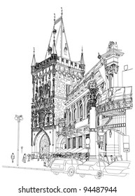 Prague - Powder Tower & Municipal House. Vector architectural drawing of the historic district of the city