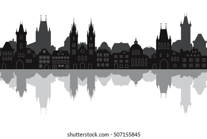 Prague seamless silhouette of the old town with reflection in the water. Vector illustration of historic european city street. Travel background.