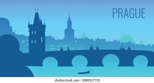 prague silhouette on a blue background