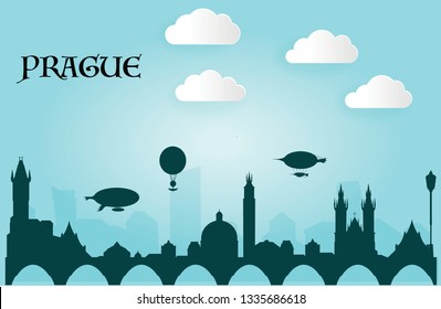 Prague silhouette, paper cut, vector skyline illustration, clouds, bridge, collage icon, city panorama river