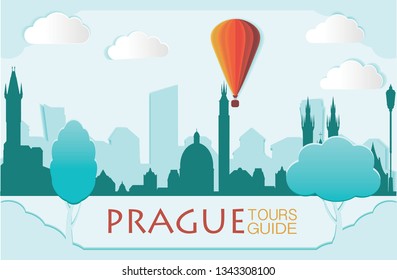 Prague silhouette, paper cut, vector skyline illustration, clouds, bridge, collage icon, city panorama river