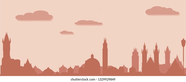 Prague silhouette, vector skyline illustration, clouds, bridge, collage icon, city panorama river