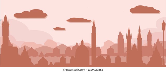 Prague silhouette, vector skyline illustration, clouds, bridge, collage icon, city panorama river