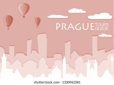 Prague silhouette, vector skyline illustration, clouds, bridge, collage icon, city panorama river