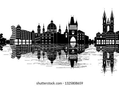 Prague Skyline - black and white vector illustration