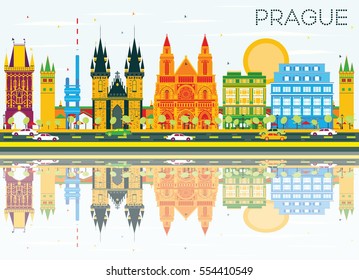 Prague Skyline with Color Buildings, Blue Sky and Reflections. Vector Illustration. Business Travel and Tourism Concept with Historic Architecture. Image for Presentation Banner Placard and Web.