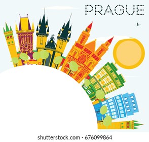 Prague Skyline with Color Buildings, Blue Sky and Copy Space. Vector Illustration. Business Travel and Tourism Concept with Historic Architecture. Image for Presentation Banner Placard and Web.