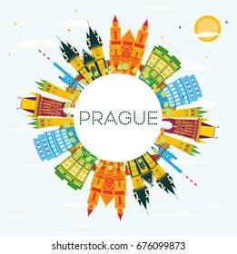 Prague Skyline with Color Buildings, Blue Sky and Copy Space. Vector Illustration. Business Travel and Tourism Concept with Historic Architecture. Image for Presentation Banner Placard and Web.