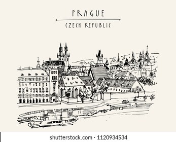 Prague skyline, Czech Republic, Europe. European cityscape. Travel sketch. Hand-drawn vintage touristic postcard, poster, book or calendar illustration in vector