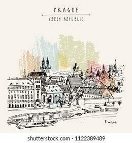 Prague skyline, Czech Republic, Europe. European cityscape. Travel sketch. Hand-drawn vintage touristic postcard, poster, book or calendar illustration in vector