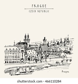 Prague skyline, Czech Republic, Europe. European cityscape. Travel sketch. Hand-drawn vintage touristic postcard, poster, book or calendar illustration in vector