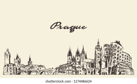 Prague skyline, Czech Republic, hand drawn vector illustration, sketch