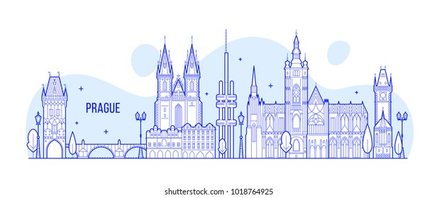 Prague skyline, Czech Republic. This illustration represents the city with its most notable buildings. Vector is fully editable, every object is holistic and movable