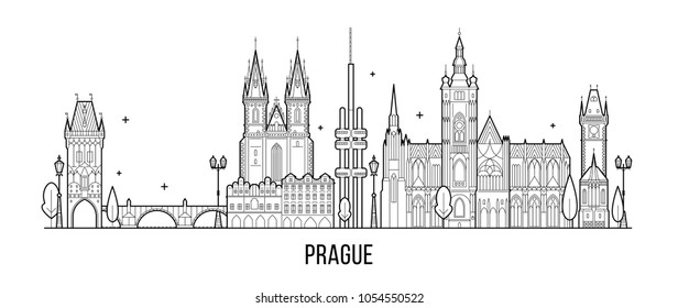 Prague skyline, Czech Republic. This illustration represents the city with its most notable buildings. Vector is fully editable, every object is holistic and movable