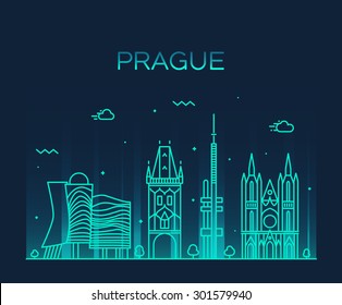 Prague skyline detailed silhouette. Trendy vector illustration, line art style.