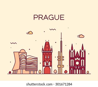 Prague skyline detailed silhouette. Trendy vector illustration, line art style.