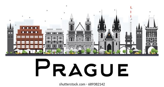 Prague Skyline with Gray Buildings Isolated on White Background. Vector Illustration. Business Travel and Tourism Illustration with Historic Architecture. Image for Presentation Banner