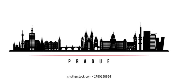 Prague skyline horizontal banner. Black and white silhouette of Prague, Czech Republic. Vector template for your design. 