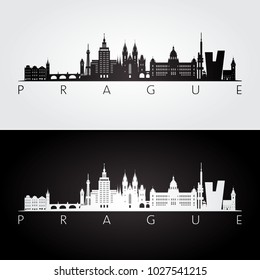 Prague skyline and landmarks silhouette, black and white design, vector illustration.