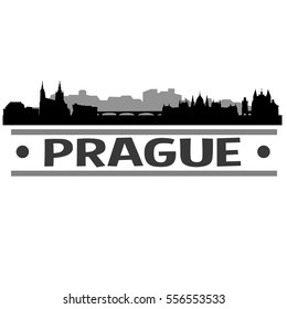 Prague Skyline Silhouette. Cityscape Vector Famous Buildings Clip Art Design. 