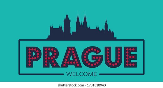 Ilustración vectorial tipográfica de diseño plano de silueta de línea de horizonte de Praga.