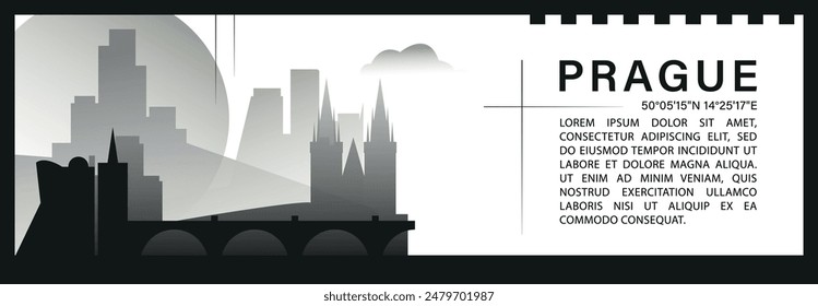 Prague skyline vector banner, black and white minimalistic cityscape silhouette. Czech Republic capital city horizontal graphic, travel infographic, monochrome layout for website