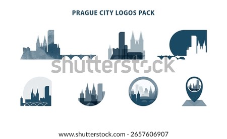 Prague skyline vector logos, icon set. Pack of cityscape contour, abstract silhouettes. Isolated graphic collection for Czech Republic capital city