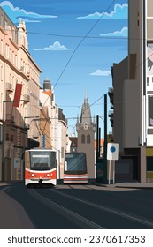 Prague street filled with trams and Powder Tower in the background