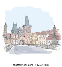 Prague street with old stone houses. The Charles Bridge. Imitation of watercolor.