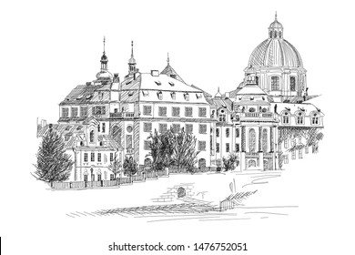 Prague street with old stone houses. A quick pencil sketch.