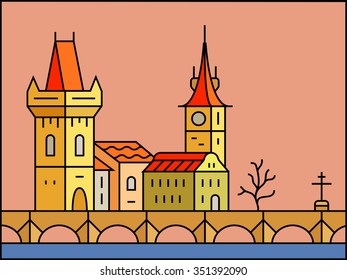 Prague at sunset. Old Prague - Charles Bridge and Castle vector city skyline and buildings