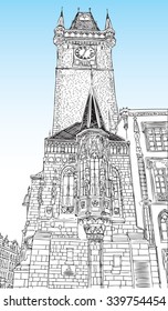 Prague town, Czech Republic. Astronomical Clock Tower side. Vector sketch hand drawn collection. Famous, tourists & travel, popular historic city attraction, street and routs. Tourism concept.