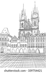 Prague town, Czech Republic. Church of Mother of God before Tyn, Old Town Square in European city, sketch hand drawn. Famous, tourists & travel, popular routs. Tourism concept.