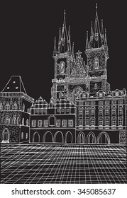 Prague town, Czech Republic. Church of Mother of God before Tyn, Old Town Square in European city, vector sketch hand drawn collection. Famous, tourists & travel, popular historic city attraction.