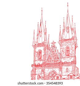 Prague town, Czech Republic. Church of Mother of God before Tyn, Old Town Square in European city, black & white vector sketch hand drawn collection. 