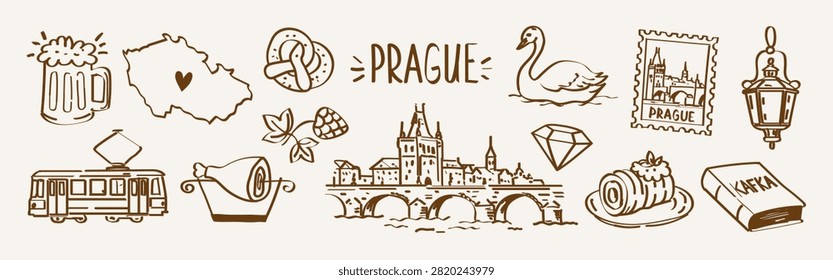 Prague Travel Doodle Set. Charles Bridge, Czech Beer, Pork Knee, Pretzel and Kafka Book in Vintage Line Art Style for Travel Guide, Pub Menu and Souvenir Design. Vector Illustration 