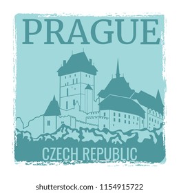 Prague travel poster vector design with castle silhouette. Prague city landmark, tourism europe, architecture town czech illustration