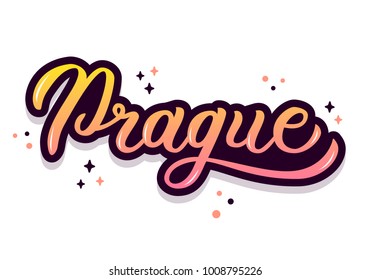 Prague - trendy hand lettering with bright colors. Isolated on white background. Greetings for t-shirt, mug, card, logo, tag, banner, sticker. Drawn art sign. Vector illustration.