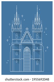 Prague Tyn Cathedral Church. White linear old town gothic style building of Czech Republic on blue background. European medieval castle architecture vector illustration. Historic travel attraction.