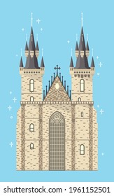 Prague Tyn Church of Mother of God. Czech Republic famous medieval cathedral building located in Old Town Square. Gothic bohemian cathedral tourist attraction. Welcome to Prague flat vector eps. 10.