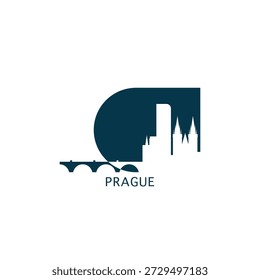 Prague vector icon with skyline, panoramic view, city shape. Czech Republic capital area landmarks logo concept. Blue flat isolated graphic, badge