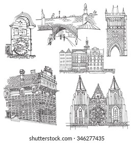 Prague.  Vector sketch old town. Hand drawn buildings, bridge and clock.